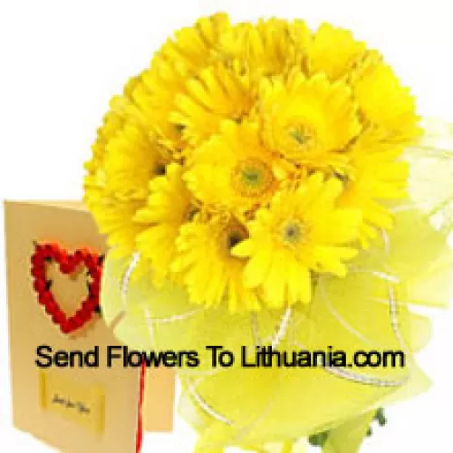 Buchet de 19 gerbera galbene cu un card gratuit de felicitare