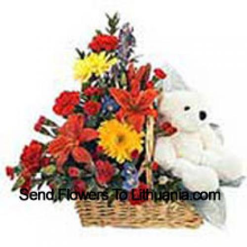 Panier de fleurs assorties avec ours en peluche