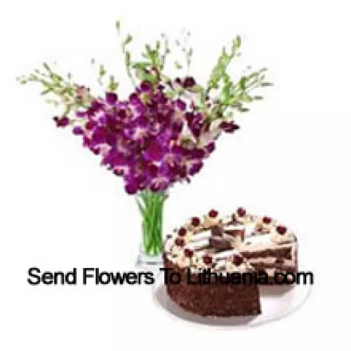 Orchids In A Vase Along With 1 Kg Black Forest Cake