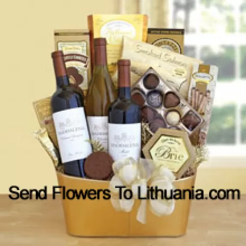 Esta canasta de regalo incluye tres botellas de vino delicioso: un Cabernet Sauvignon, un Chardonnay y un rico Merlot. El festín continúa con salmón ahumado, galletas de trufa Primo Dolce, chocolates Ghirardelli Masterpiece, queso brie, galletas planas, galletas Dolcetto y Almond Roca. (El contenido de la canasta, incluyendo el vino, puede variar según la temporada y la ubicación de entrega. En caso de indisponibilidad de algún producto, lo sustituiremos por un producto de igual o mayor valor)