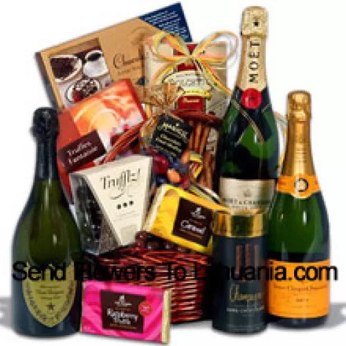 Questo cesto regalo di Natale include Moet & Chandon White Star Champagne - 750 ml, Veuve Clicquot Ponsardin Yellow Label - 750 ml, Dom Perignon - 750 ml, Champagne Trufflz di Marich, Cioccolato alle Mandorle Tostate di Hauser Chocolatier, Tavoletta di Cioccolato Fondente al Lampone di Lake Champlain Chocolates, Tavoletta di Cioccolato al Caramello al Latte di Lake Champlain, Truffles Fantaisie di Guyaux Chocolatier, Bastoncini di Champagne di Sweet Candy, Medley di Frutta al Cioccolato in Gusci Colorati di Marich e Wafer di Cioccolato di Dolcetto. (Il contenuto del cesto, inclusi i vini, può variare a seconda della stagione e della località di consegna. In caso di indisponibilità di un determinato prodotto, lo sostituiremo con un prodotto di valore uguale o superiore)