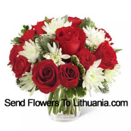 Red Roses and Cute chrysanthemums in Vase