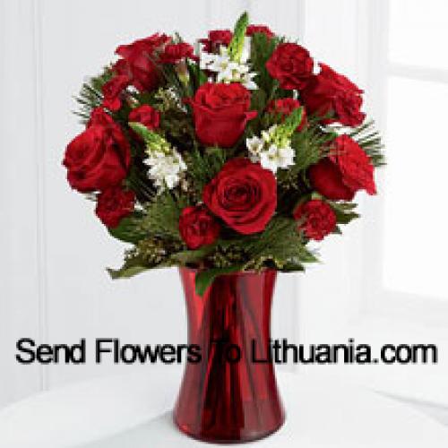 Roses and Assorted Greenery in Red Vase