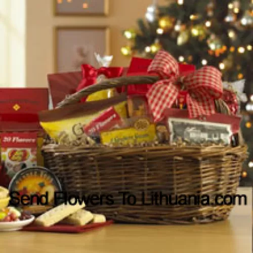 Wat is er niet leuk aan deze snack-gevulde sampler voor de feestdagen? Of hun verlangens nu neigen naar een zoete smaak of meer hartig, ze zullen altijd iets bevredigends vinden in de Chocolate Vanilla Swirl Cookies, individueel verpakte Italiaanse Chocolade Truffels, Peanut Butter Nuggets, Scottish Shortbread Fingers, ouderwetse Sour Lemon Drops, knapperige Feel Good Snack Mix, Cheddar Cheese Straws, Geroosterde Pinda's, Schotse Shortbread Fingers en Jelly Belly Jelly Beans. Deze mand is de perfecte manier om op te laden tijdens het drukke vakantieseizoen. (Let op: wij behouden ons het recht voor om een bepaald product te vervangen door een geschikt product van gelijke waarde in geval van niet-beschikbaarheid van een bepaald product)